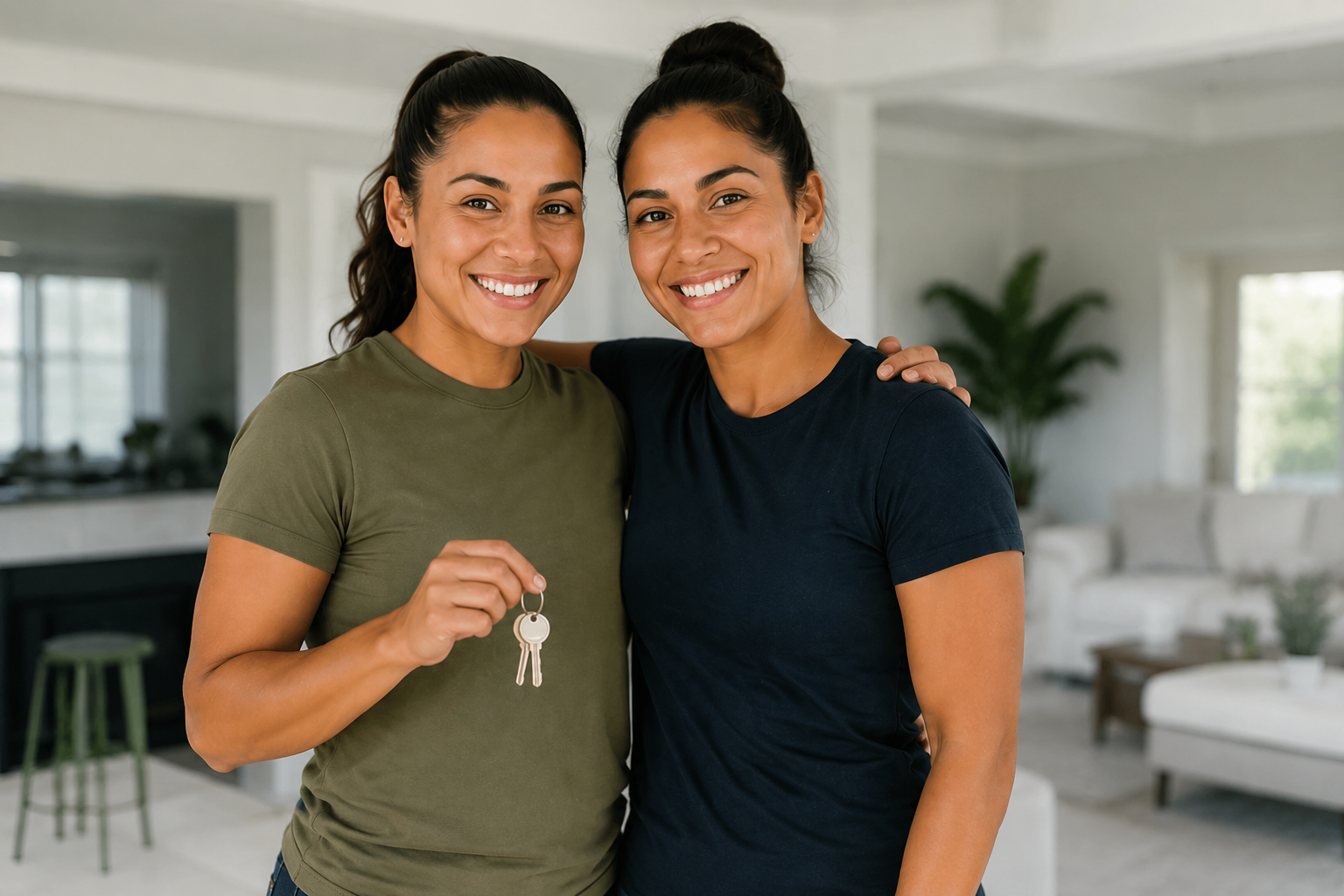 Two women celebrating the purchase of a new home in Central Florida while holding house keys.